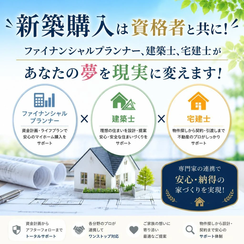 新築購入は資格者と共に！ファイナンシャルプランナー、建築士、宅建士があなたの夢を現実に変えます！