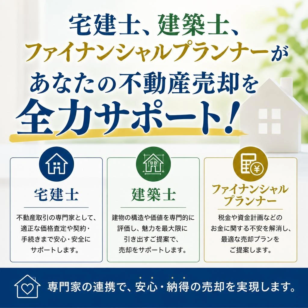 宅建士、建築士、ファイナンシャルプランナーがあなたの不動産売却を全力サポート！